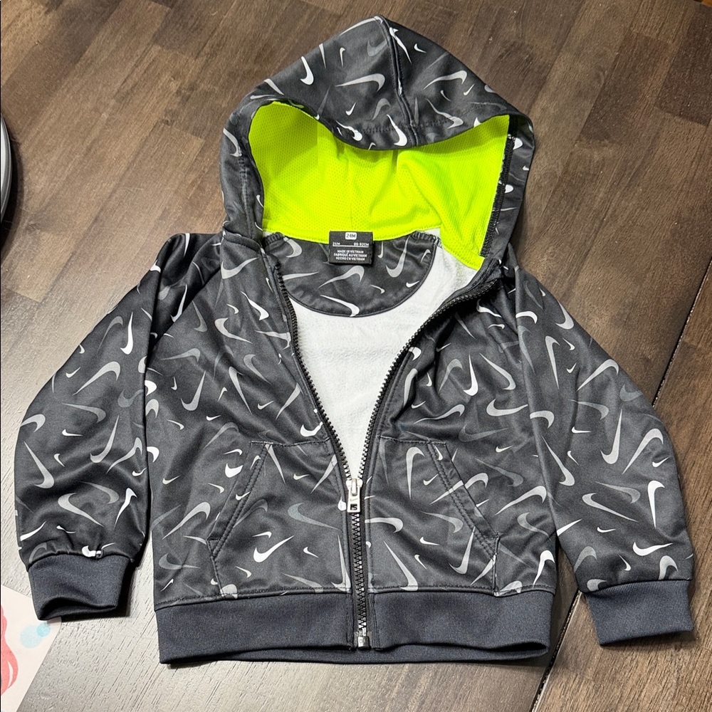 Nike Black and Gray Kids Hoodie with Neon Green Lining